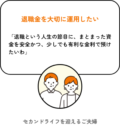 退職金を大切に運用したい 「退職という人生の節目に、まとまった資金を安全かつ、少しでも有利な金利で預けたいわ」 セカンドライフを迎えるご夫婦